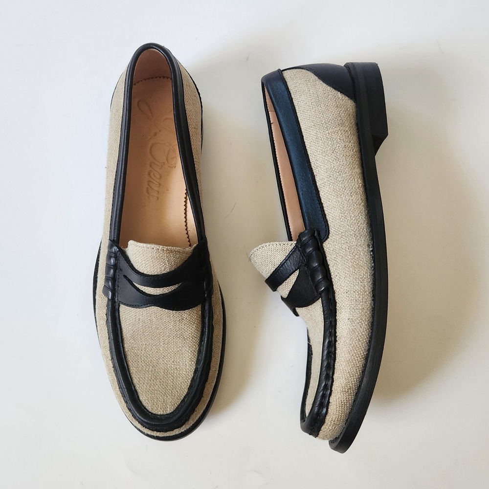 J Crew Winona Italian Linen Leather Penny Loafers 7.5 Academia Heritage Preppy